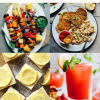 Photos of recipes in our what's in season guide including grilled veggies, eggplant parmesan, lemon bars, lemonade, muhammara dip, and corn salad