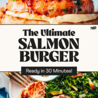 Photos of a salmon burger on a bun and a couple burgers on a plate with kale apple slaw