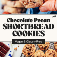 Close up photo of a vegan gluten-free chocolate pecan shortbread cookie with more cookies on a cooling rack