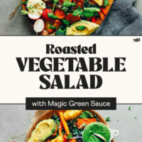 Wood platters filled with our Roasted Vegetable Salad with Magic Green Sauce