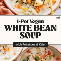 Overhead photos of bowls of our 1-Pot Vegan White Bean Soup with potatoes and kale