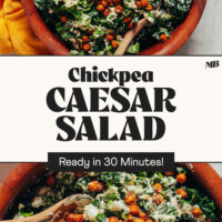 Two bowls of our Chickpea Caesar Salad with text that says ready in 30 minutes