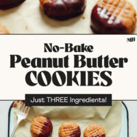 No-bake Peanut Butter Cookies on parchment-lined trays with text that says just three ingredients
