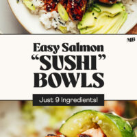 A serving of our Easy Salmon "Sushi" Bowls in a dish and a bite on a fork with text between the photos that says just 9 ingredients