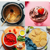 Photos of chickpeas, chocolate pudding, marinara, tortillas, coconut milk, and bread for our round-up of 30 staple Earth Day recipes and tips for reducing plastic