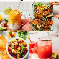 Photos of a mango smoothie, salsa, tacos, salad, mocktail, and sorbet for our round-up of easy vegan and gluten-free mango recipes