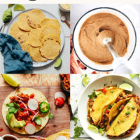 Photos of corn tortillas, refried beans, raw walnut tacos, pinto bean tacos, zucchini tacos, and vegan queso for our round-up of vegan taco night recipes