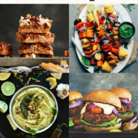 Photos of desserts, pasta salad, veggie burgers, and grillable skewers for our round-up of 38 plant-based Memorial Day recipes that are simple and delicious