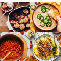 Photos of berry cobbler, dairy-free queso, baked beans, chicken skewers, and more easy 4th of July recipes with text that says dips, desserts, and more