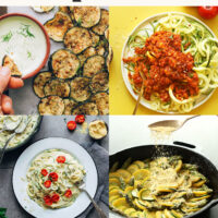 Photos of baked zucchini slices, zucchini pastas, zucchini bread, and more easy vegan zucchini recipes perfect for summer