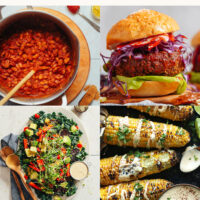 Photos of baked beans, a black bean veggie burger, kale salad, grilled corn, pinwheels, and berry crisp for our round-up of plant-based Labor Day recipes great for a party