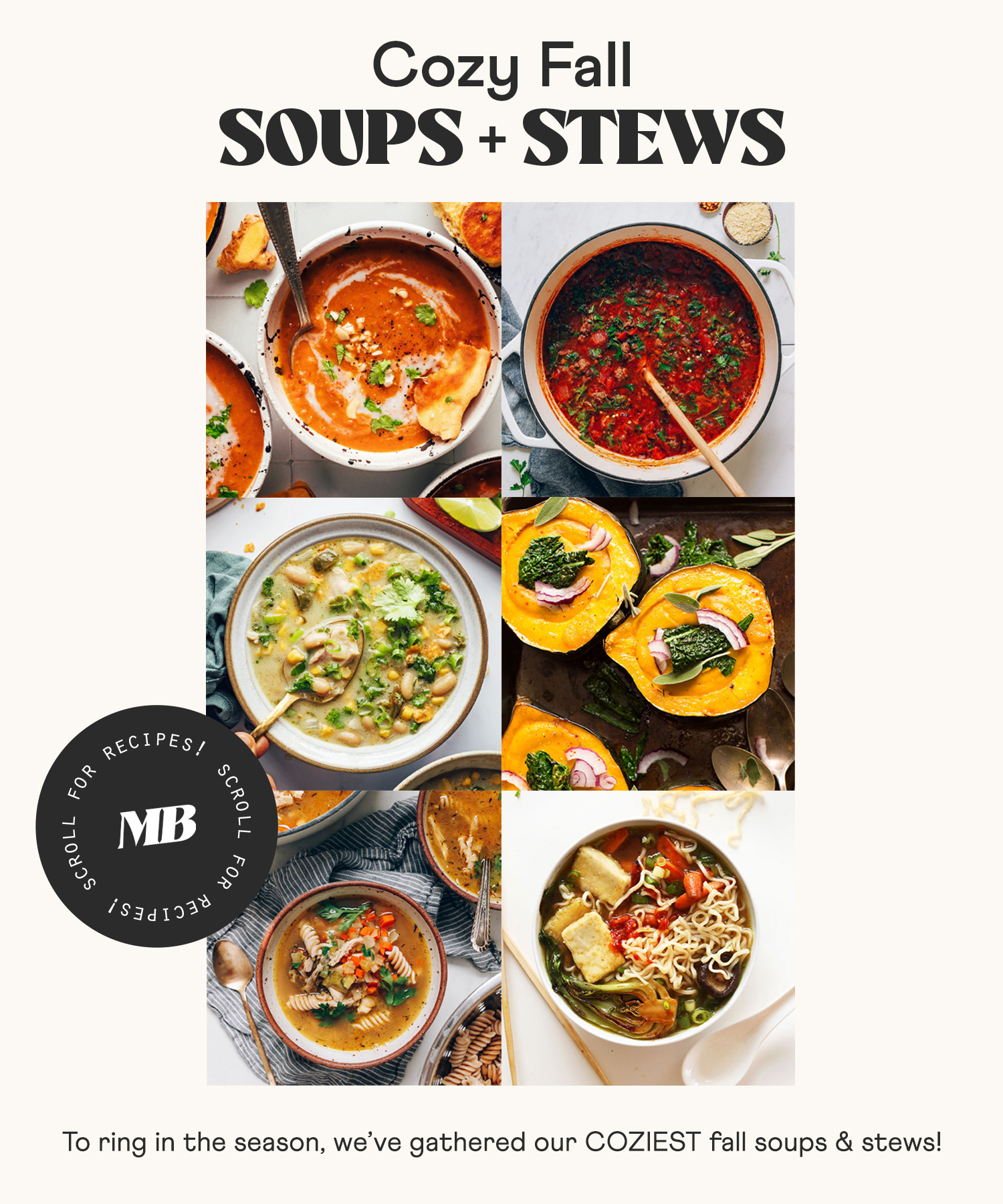 Photos of some of our cozy fall soups and stews including tomato soup, chicken chili, and vegan ramen