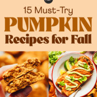 Photos of soup, coffee, cake, cookies, enchiladas, oats, and muffins for our round-up of 15 must-try pumpkin recipes for fall