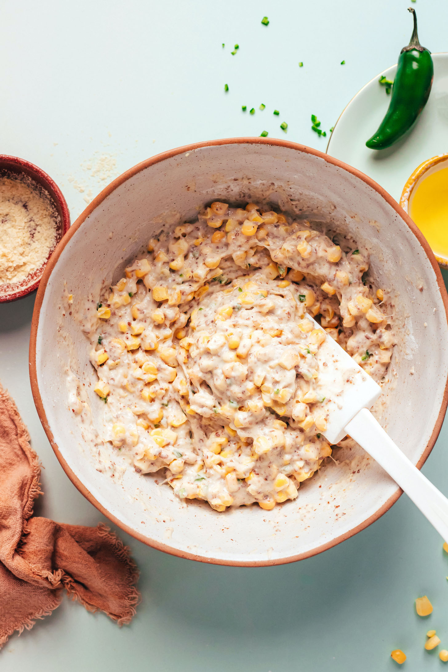 Bowl of vegan jalapeño corn fritter batter