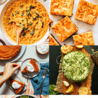 Photos of pumpkin risotto, cheesecake bars, pie, "cheese," salad, and biscuits for our round-up of the best vegan Thanksgiving recipe