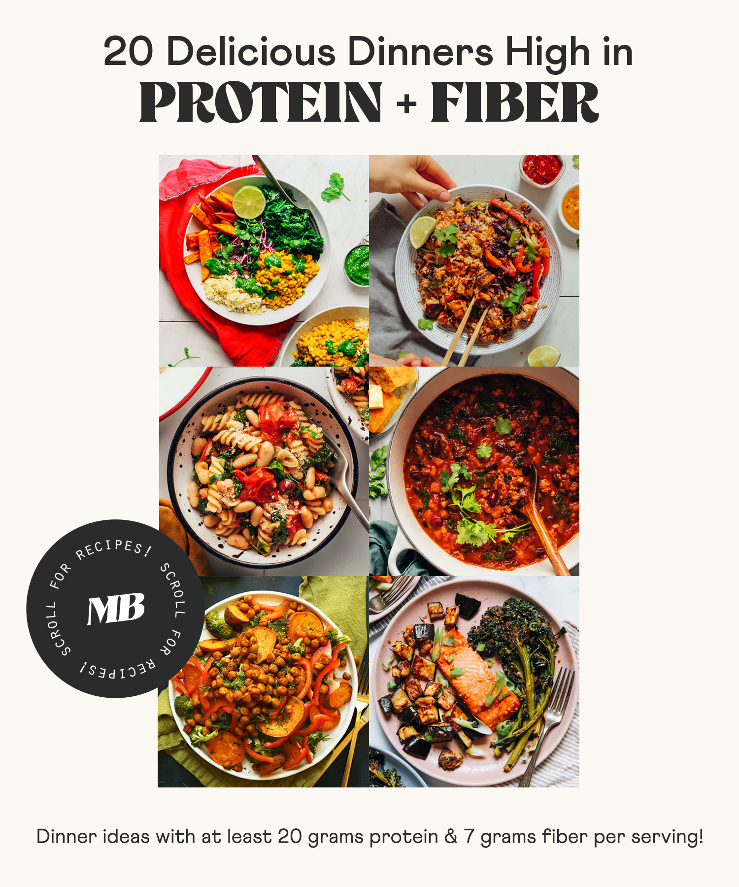 Photos of bowl meals, chili, and more recipes rich in protein and fiber
