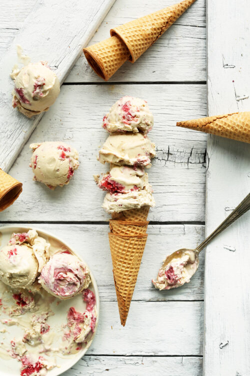 Scoops and cones of raspberry ice cream for our round-up of late summer dessert recipes