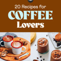 Photos of coffee creamer, chia pudding, a latte, smoothie, brownies, and pudding for our round-up of recipes for coffee lovers