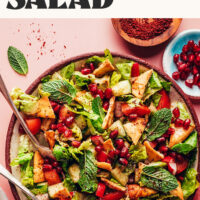 Overhead photo of a plate of our easy Fattoush salad made with text that says just 1 bowl