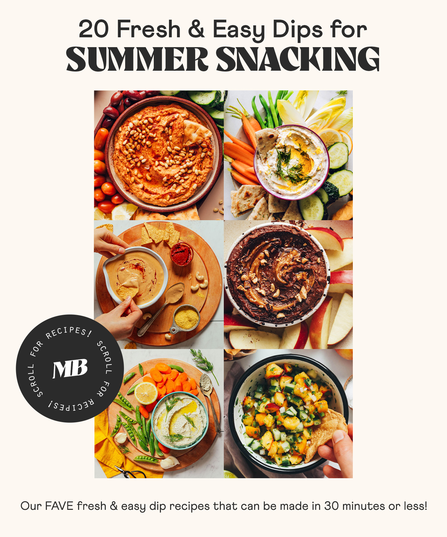 Photos of homemade hummus, salsa, and more fresh and easy dips for summer snacking