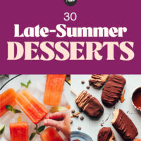 Photos of some of our late-summer desserts including plum cake, mousse, popsicles, ice cream bars, a milkshake, and berry crisp